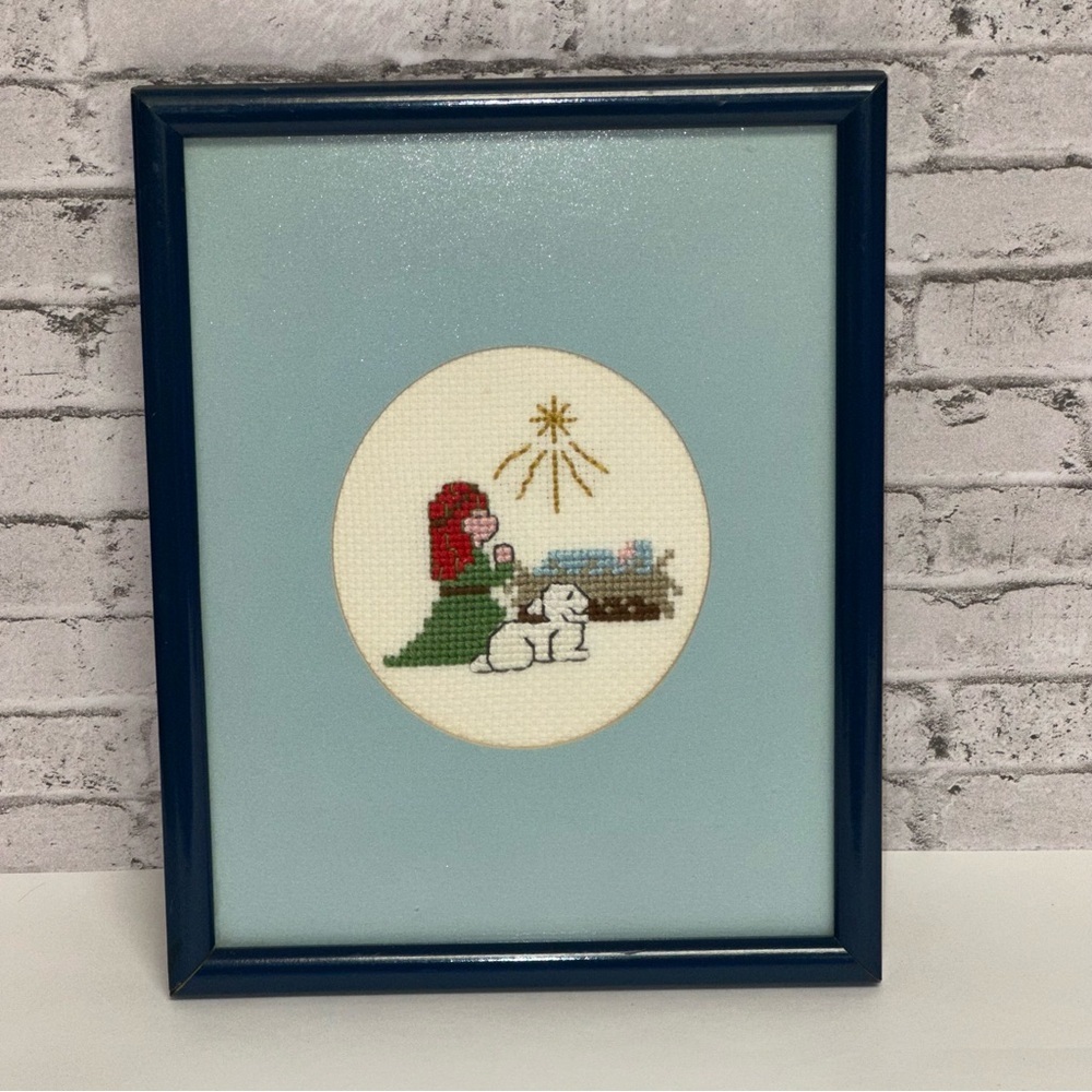 Hand Stitched Cross Stitch Nativity Scene Christmas Manger Jesus Framed Vintage